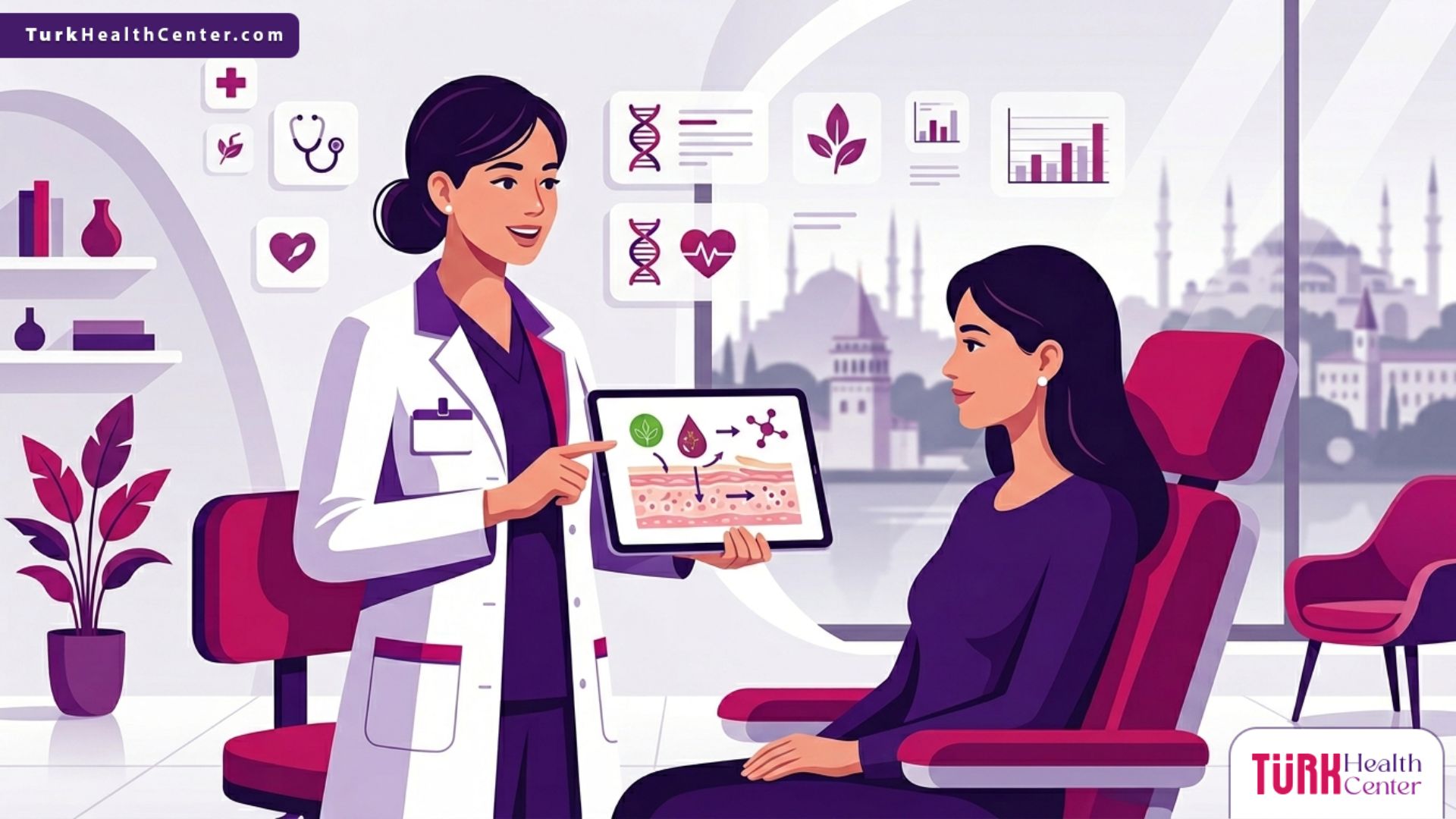 طبيب يشرح خطوات وفوائد تقشير أحماض الفواكه المجمع في تركيا في عيادة تجميل حديثة 