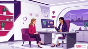 رسم توضيحي لعيادة حديثة وطبيب يشرح تفاصيل تقشير الخلايا الجذعية النباتية في تركيا للمريضة بألوان احترافية 