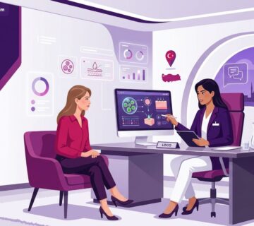 رسم توضيحي لعيادة حديثة وطبيب يشرح تفاصيل تقشير الخلايا الجذعية النباتية في تركيا للمريضة بألوان احترافية 