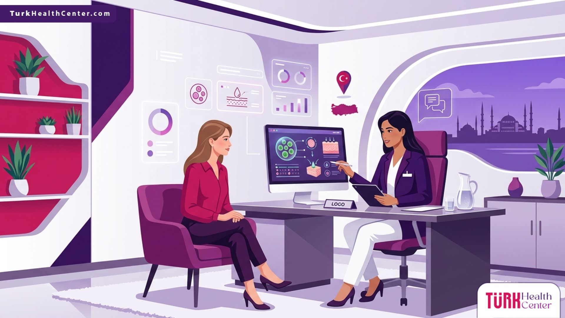 رسم توضيحي لعيادة حديثة وطبيب يشرح تفاصيل تقشير الخلايا الجذعية النباتية في تركيا للمريضة بألوان احترافية 