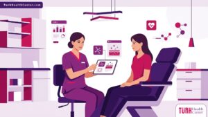 طبيب يشرح خطوات تقشير الريتينول السريري القوي في تركيا لمريضة داخل عيادة تجميلية حديثة