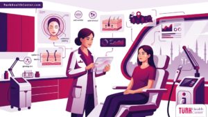 رسم توضيحي لعيادة تجميل حديثة وطبيب يشرح تفاصيل تقشير الفي كيو الشامل في تركيا لمريض