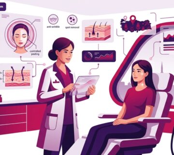 رسم توضيحي لعيادة تجميل حديثة وطبيب يشرح تفاصيل تقشير الفي كيو الشامل في تركيا لمريض