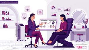 رسم توضيحي طبي لعيادة حديثة تشرح إجراءات تقشير الكربون المجهري للمسام في تركيا للمرضى 