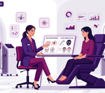 رسم توضيحي طبي لعيادة حديثة تشرح إجراءات تقشير الكربون المجهري للمسام في تركيا للمرضى 