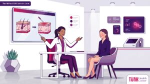 رسم توضيحي يظهر طبيباً يشرح خطوات تقشير حمض الأزيليك للاحمرار في تركيا لمريضة داخل عيادة تجميل فاخرة 