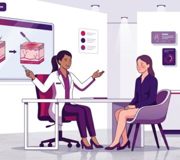 رسم توضيحي يظهر طبيباً يشرح خطوات تقشير حمض الأزيليك للاحمرار في تركيا لمريضة داخل عيادة تجميل فاخرة 