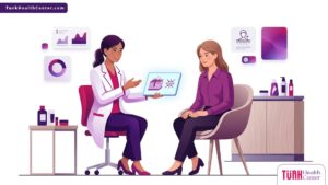 رسم توضيحي لعيادة تجميل حديثة يوضح استشارة طبية حول تقشير حمض البيروفيك لشد الجلد في تركيا