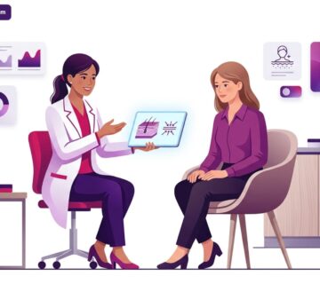 رسم توضيحي لعيادة تجميل حديثة يوضح استشارة طبية حول تقشير حمض البيروفيك لشد الجلد في تركيا