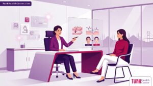 رسم توضيحي فني يظهر طبيباً يشرح تقنية تقشير حمض الجليكوليك للنضارة في تركيا لمريضة في عيادة فاخرة 