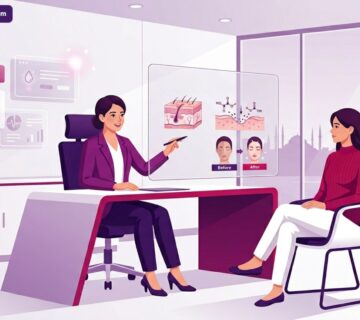 رسم توضيحي فني يظهر طبيباً يشرح تقنية تقشير حمض الجليكوليك للنضارة في تركيا لمريضة في عيادة فاخرة 
