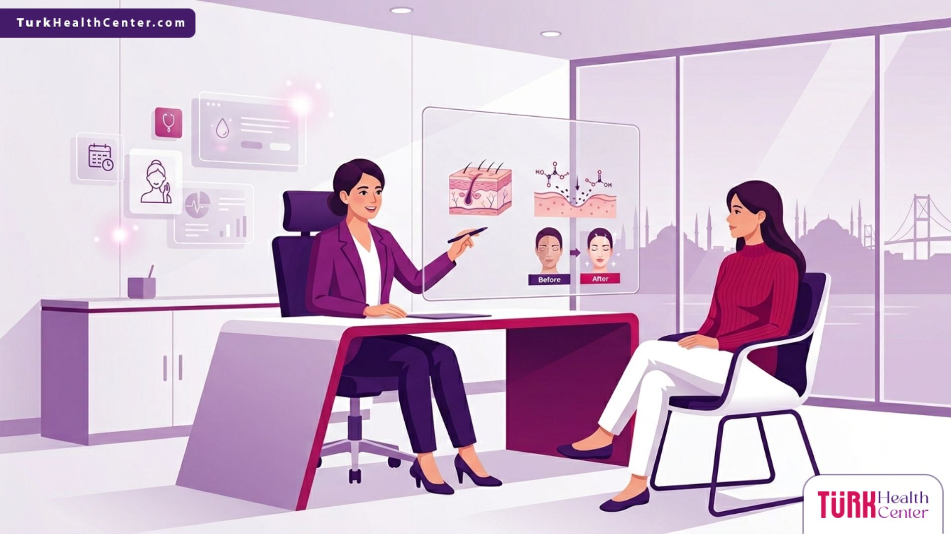 رسم توضيحي فني يظهر طبيباً يشرح تقنية تقشير حمض الجليكوليك للنضارة في تركيا لمريضة في عيادة فاخرة 