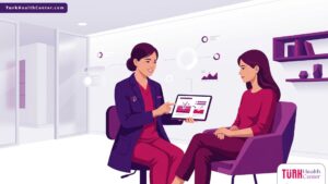 رسم توضيحي طبي فاخر لعيادة حديثة تشرح إجراءات تقشير حمض الفيتي للتفتيح اللطيف في تركيا