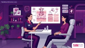 رسم توضيحي فيكتور فاخر لطبيب يشرح تقنيات تقشير حمض الكوجيك للكلف في تركيا لمريضة