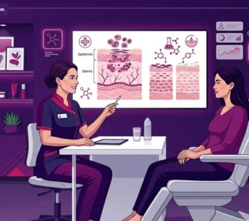 رسم توضيحي فيكتور فاخر لطبيب يشرح تقنيات تقشير حمض الكوجيك للكلف في تركيا لمريضة