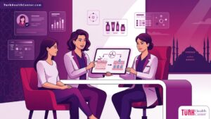 رسم توضيحي لعيادة حديثة تشرح إجراءات تقشير حمض اللاكتيك لترطيب البشرة في تركيا