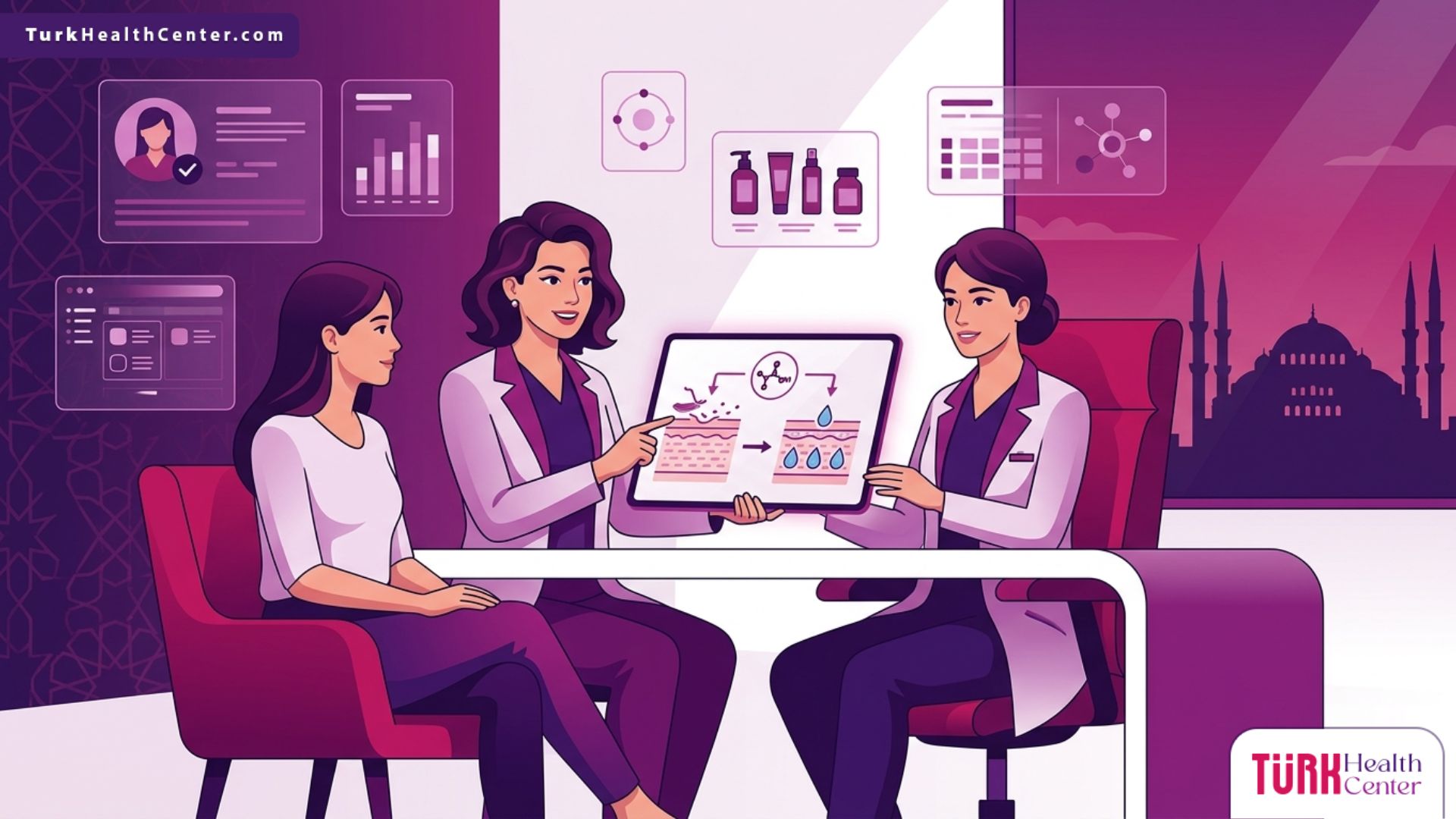 رسم توضيحي لعيادة حديثة تشرح إجراءات تقشير حمض اللاكتيك لترطيب البشرة في تركيا