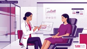 رسم توضيحي طبي لطبيب يشرح خطوات تقشير حمض الماندليك للبشرة الدهنية في تركيا داخل عيادة حديثة 