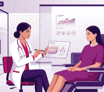 رسم توضيحي طبي لطبيب يشرح خطوات تقشير حمض الماندليك للبشرة الدهنية في تركيا داخل عيادة حديثة 