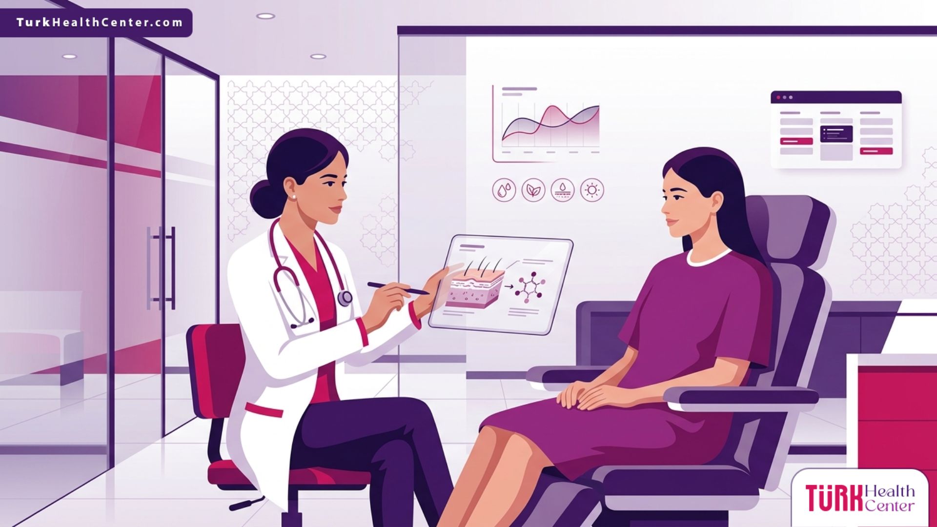 رسم توضيحي طبي لطبيب يشرح خطوات تقشير حمض الماندليك للبشرة الدهنية في تركيا داخل عيادة حديثة 