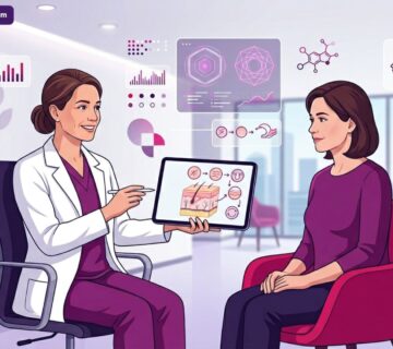 رسم توضيحي طبي متقدم يظهر طبيباً يشرح تفاصيل إجراء تقشير للندبات والتجاعيد في تركيا لمريض داخل عيادة تجميل فاخرة 