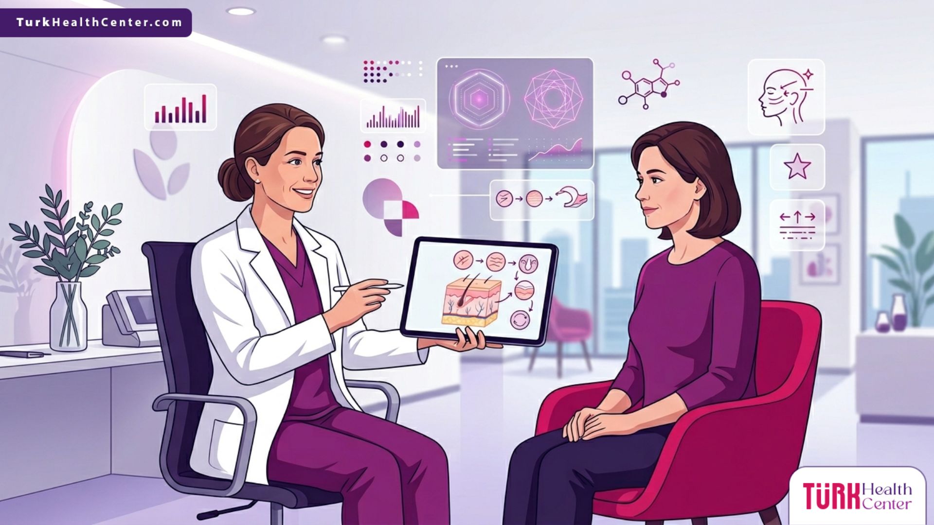 رسم توضيحي طبي متقدم يظهر طبيباً يشرح تفاصيل إجراء تقشير للندبات والتجاعيد في تركيا لمريض داخل عيادة تجميل فاخرة 