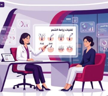 رسم توضيحي يظهر طبيب يشرح تقنيات زراعة الشعر لمريض في عيادة فاخرة بألوان البنفسجي والميجنتيا 