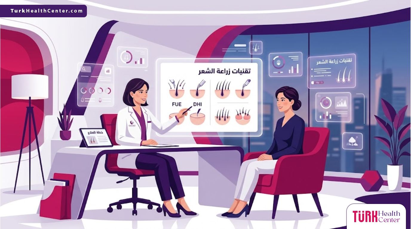 رسم توضيحي يظهر طبيب يشرح تقنيات زراعة الشعر لمريض في عيادة فاخرة بألوان البنفسجي والميجنتيا 