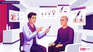رسوم توضيحية حديثة تشرح آلية تقنية DHI و اقلام تشوي في زراعة الشعر داخل عيادة طبية متطورة بألوان احترافية 