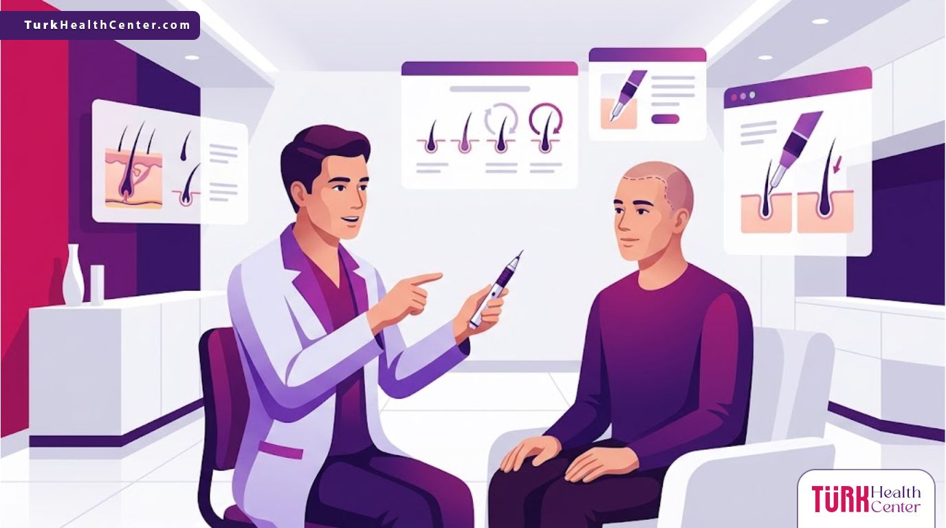 رسوم توضيحية حديثة تشرح آلية تقنية DHI و اقلام تشوي في زراعة الشعر داخل عيادة طبية متطورة بألوان احترافية 