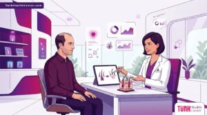 رسوم توضيحية عصرية تظهر طبيبًا يشرح ميزات تقنية FUE الحديثة في زراعة الشعر لمريض في عيادة فاخرة 