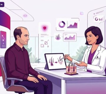 رسوم توضيحية عصرية تظهر طبيبًا يشرح ميزات تقنية FUE الحديثة في زراعة الشعر لمريض في عيادة فاخرة 