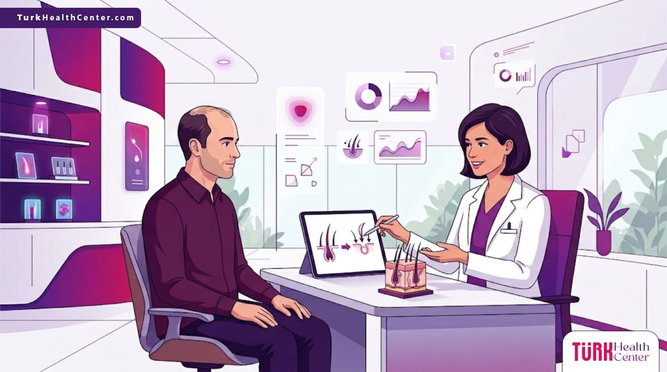 رسوم توضيحية عصرية تظهر طبيبًا يشرح ميزات تقنية FUE الحديثة في زراعة الشعر لمريض في عيادة فاخرة 