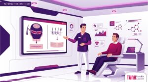 رسوم توضيحية فاخرة لطبيب يشرح مخاطر تقنية FUT القديمة في زراعة الشعر للمريض داخل عيادة متطورة 