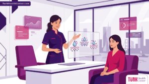 رسم توضيحي فني فاخر يوضح استشارة طبية حول تقنية الأكوا فيشل في تركيا في عيادة تجميل حديثة 