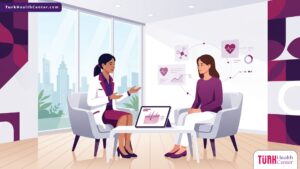 رسم توضيحي طبي فاخر يظهر طبيباً يشرح تفاصيل تقنية الألترا فورمر في تركيا للمريض داخل عيادة تجميل حديثة 