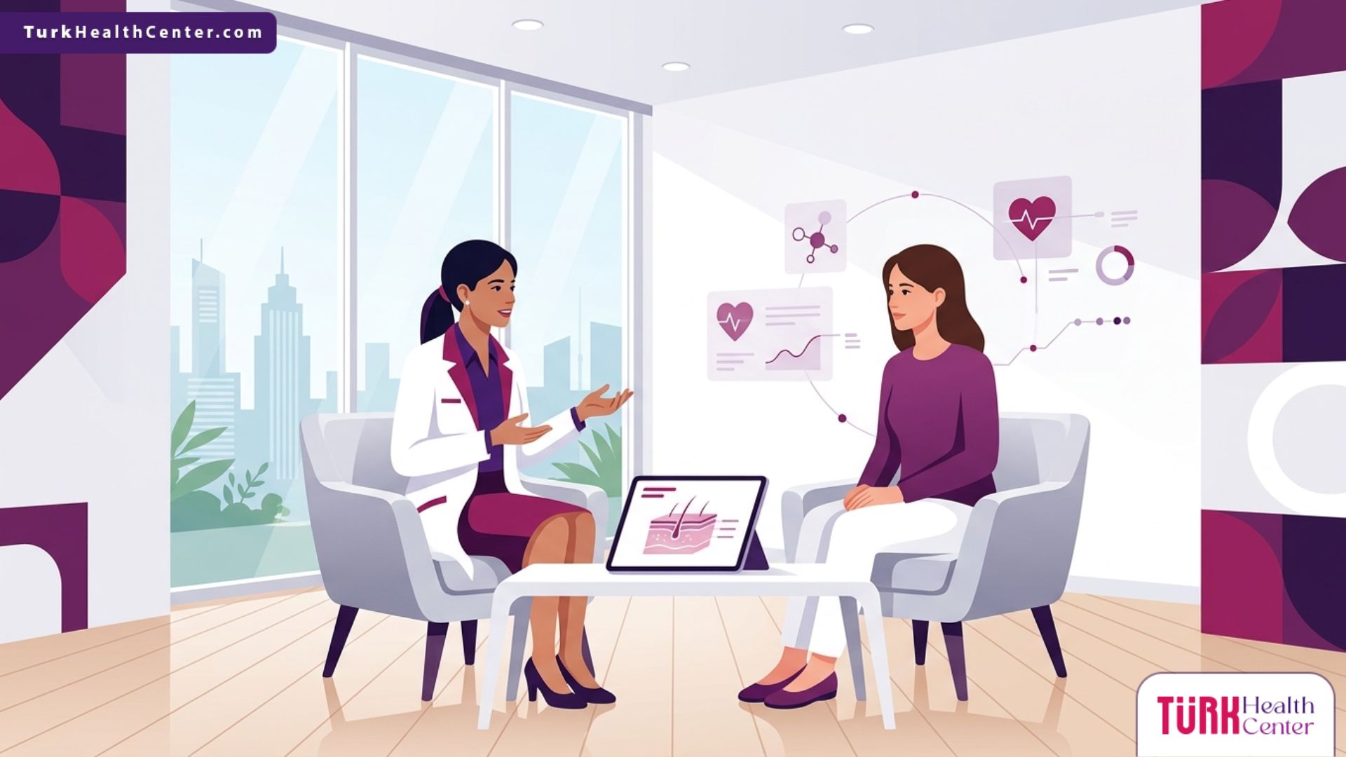 رسم توضيحي طبي فاخر يظهر طبيباً يشرح تفاصيل تقنية الألترا فورمر في تركيا للمريض داخل عيادة تجميل حديثة 