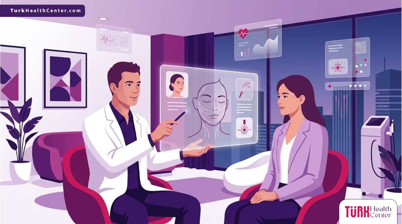 رسوم توضيحية عصرية تظهر طبيب يشرح مزايا تقنية الاندولفت في تركيا لمريض داخل عيادة فاخرة 