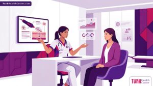 رسم توضيحي لعيادة طبية فاخرة يمثل طبيباً يشرح تفاصيل تقنية البلازما جيت في تركيا للمريض قبل الإجراء 