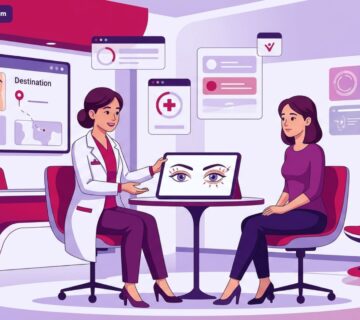 رسم توضيحي طبي لعيادة حديثة تشرح تقنية البلكسر لشد الجفون في تركيا للمريض بأسلوب احترافي 