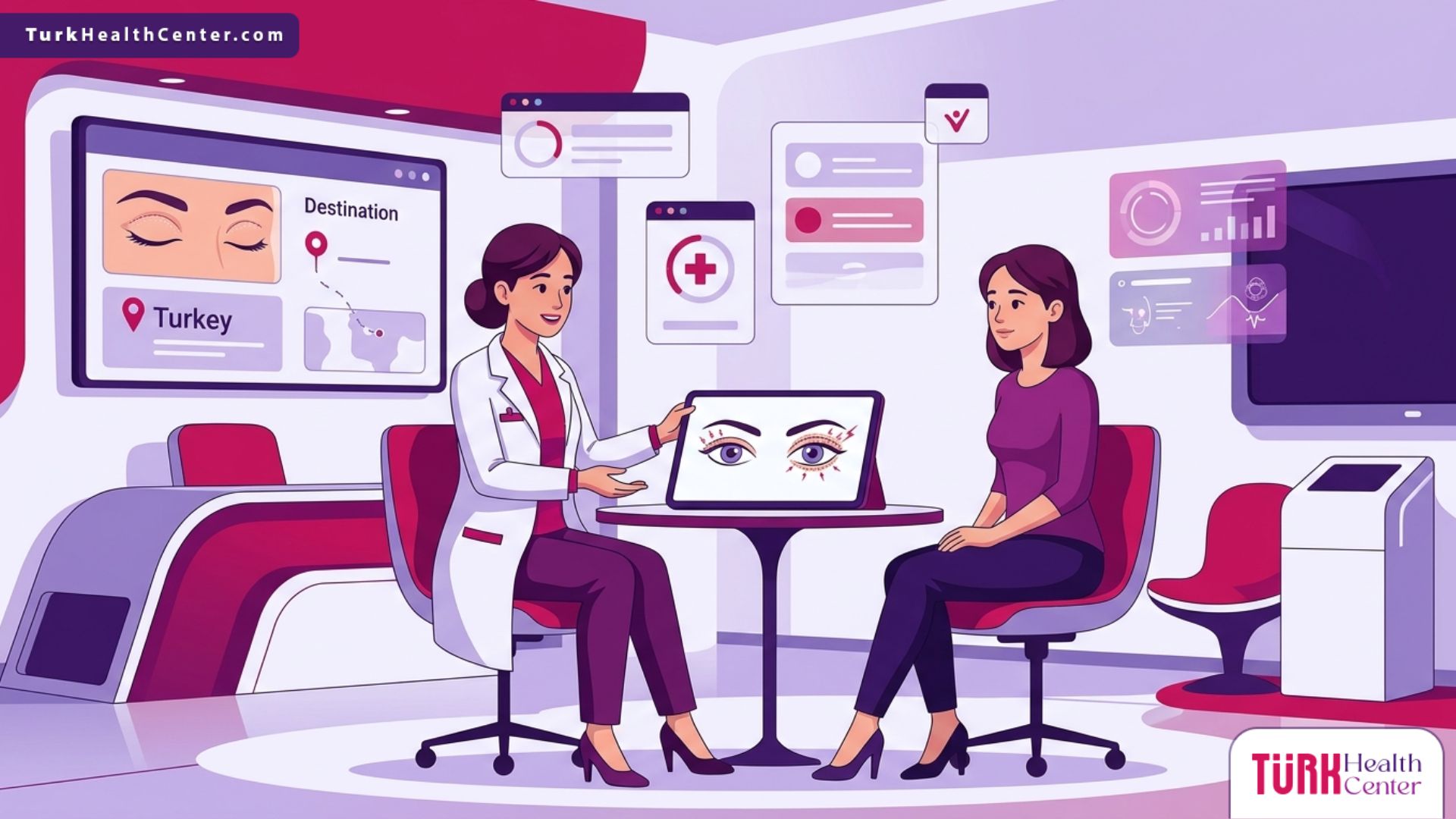 رسم توضيحي طبي لعيادة حديثة تشرح تقنية البلكسر لشد الجفون في تركيا للمريض بأسلوب احترافي 