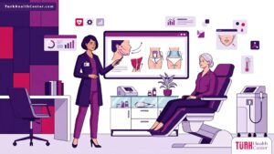 رسم توضيحي لعيادة طبية فاخرة يوضح إجراءات تقنية التبريد لنحت الفك في تركيا للمرضى 