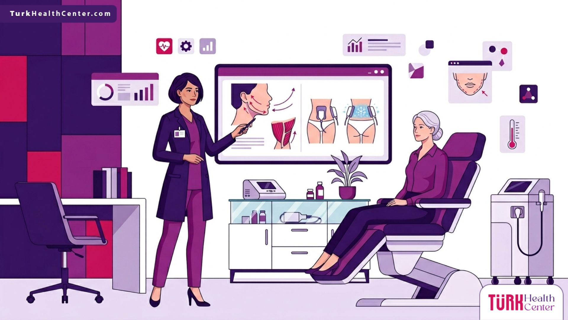 رسم توضيحي لعيادة طبية فاخرة يوضح إجراءات تقنية التبريد لنحت الفك في تركيا للمرضى 