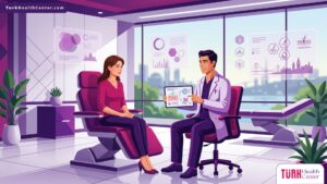 رسم توضيحي يظهر طبيب يشرح مزايا تقنية التقشير البارد في تركيا لمريضة داخل عيادة تجميل فاخرة