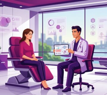 رسم توضيحي يظهر طبيب يشرح مزايا تقنية التقشير البارد في تركيا لمريضة داخل عيادة تجميل فاخرة