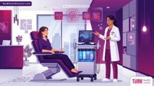 رسم توضيحي يظهر طبيب يشرح تفاصيل تقنية التقشير المائي في تركيا لمريض داخل عيادة تجميل حديثة