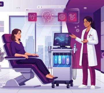 رسم توضيحي يظهر طبيب يشرح تفاصيل تقنية التقشير المائي في تركيا لمريض داخل عيادة تجميل حديثة