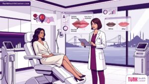 رسم توضيحي لعيادة تجميل تشرح تقنية التقشير الوردي لتوريد الشفايف في تركيا