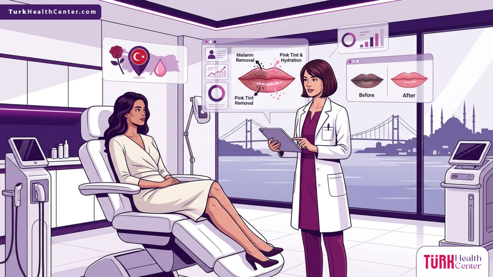 رسم توضيحي لعيادة تجميل تشرح تقنية التقشير الوردي لتوريد الشفايف في تركيا