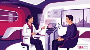 رسم توضيحي يظهر طبيب مختص يشرح خطوات تقنية التقشير بالأوزون للوجه في تركيا لمريضة في عيادة تجميل حديثة 